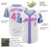 Custom White Pink-Light Blue 3 Colors Arm Shapes Authentic Baseball Jersey - Image 4