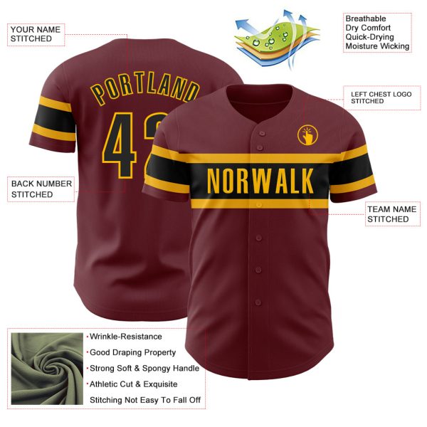 Custom Burgundy Black-Gold Authentic Baseball Jersey - Image 3