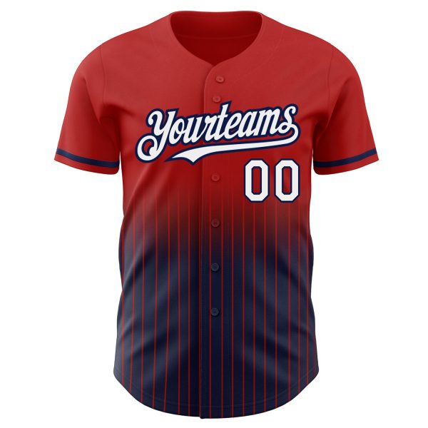 Custom Red Pinstripe White-Navy Authentic Fade Fashion Baseball Jersey - Image 3
