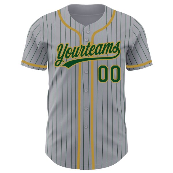 Custom Gray Green Pinstripe Old Gold Authentic Baseball Jersey - Image 2