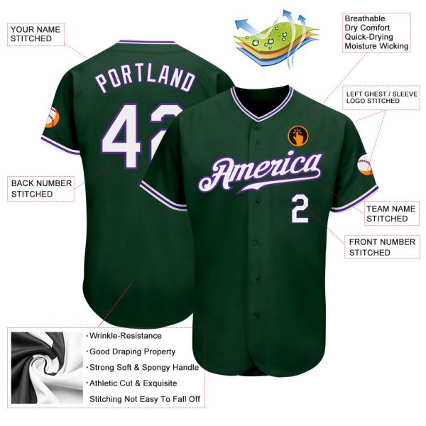 Custom Green White-Purple Authentic Baseball Jersey - Image 3