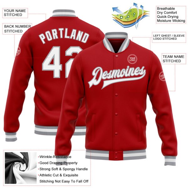 Custom Red White-Gray Bomber Full-Snap Varsity Letterman Jacket - Image 3