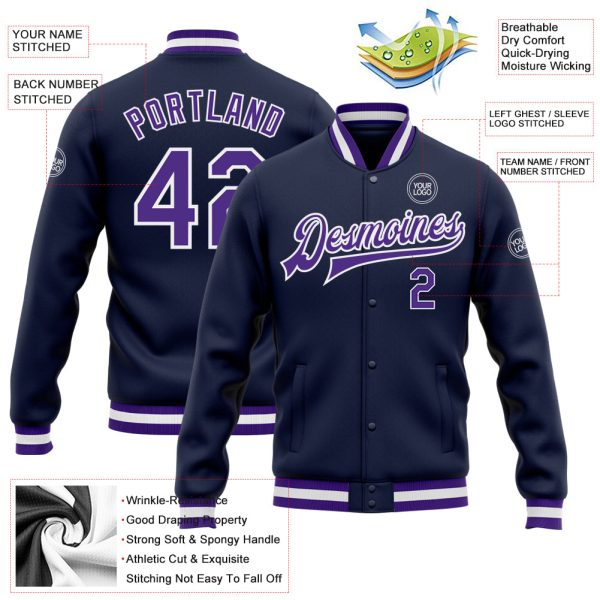 Custom Navy Purple-White Bomber Full-Snap Varsity Letterman Jacket - Image 3