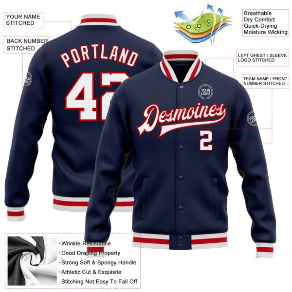 Custom Navy White-Red Bomber Full-Snap Varsity Letterman Jacket - Image 3