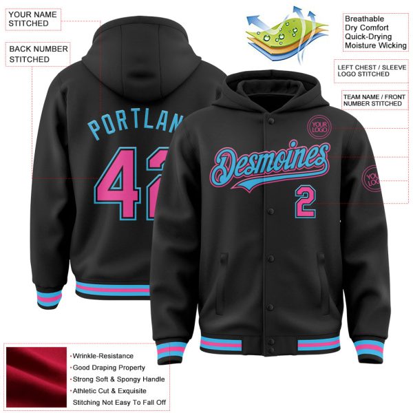 Custom Black Pink-Sky Blue Bomber Full-Snap Varsity Letterman Hoodie Jacket - Image 3