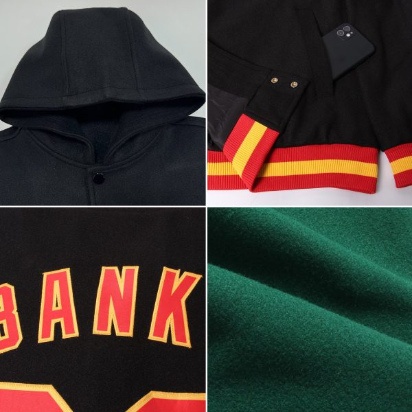 Custom Green Old Gold-Black Bomber Full-Snap Varsity Letterman Hoodie Jacket - Image 2