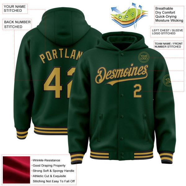Custom Green Old Gold-Black Bomber Full-Snap Varsity Letterman Hoodie Jacket - Image 3