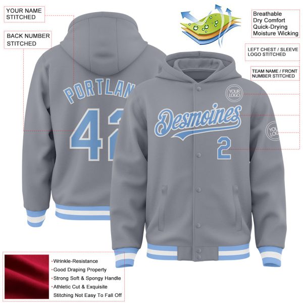 Custom Gray Light Blue-White Bomber Full-Snap Varsity Letterman Hoodie Jacket - Image 3