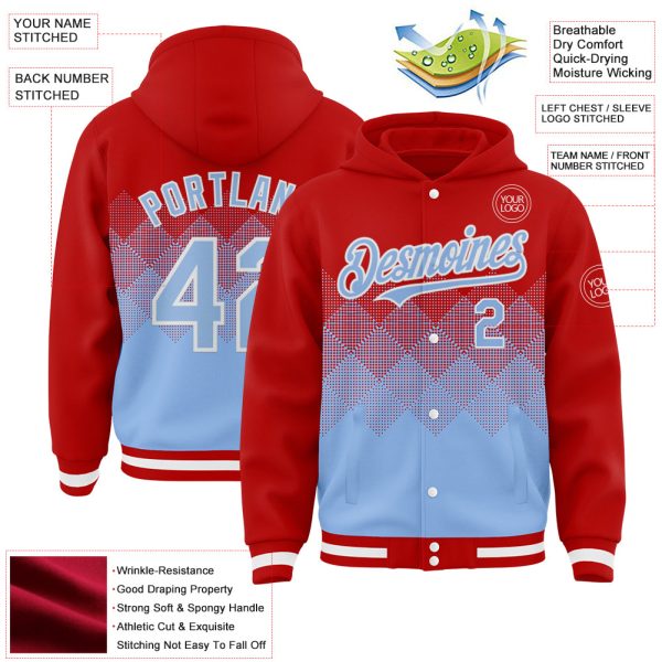 Custom Red Light Blue-White Gradient Square Shape 3D Pattern Design Bomber Full-Snap Varsity Letterman Hoodie Jacket - Image 3
