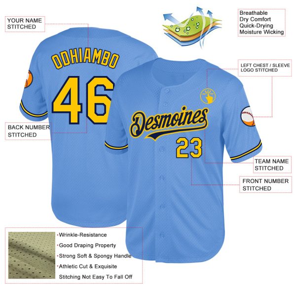 Custom Light Blue Yellow-Navy Mesh Authentic Throwback Baseball Jersey - Image 3