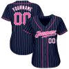 Custom Navy White Pinstripe Pink-White Authentic Baseball Jersey - Image 2