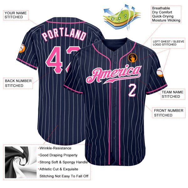 Custom Navy White Pinstripe Pink-White Authentic Baseball Jersey - Image 3