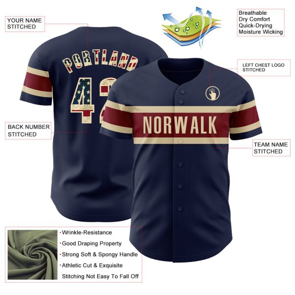 Custom Navy Vintage USA Flag Cream-Crimson Authentic Baseball Jersey - Image 3