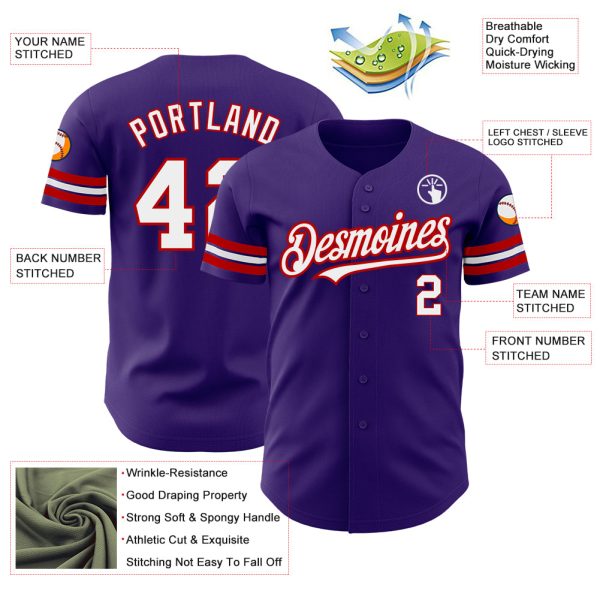 Custom Purple White-Red Authentic Baseball Jersey - Image 3