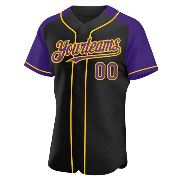 Custom Black Purple-Yellow Authentic Raglan Sleeves Baseball Jersey - Image 2