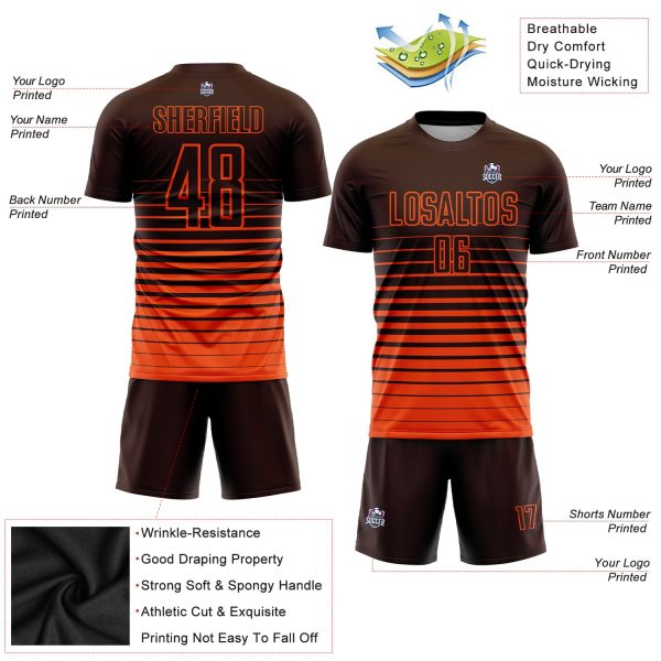 Custom Brown Orange Pinstripe Fade Fashion Sublimation Soccer Uniform Jersey - Image 3