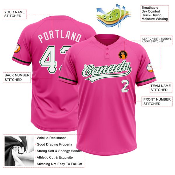 Custom Pink White-Green Two-Button Unisex Softball Jersey - Image 3