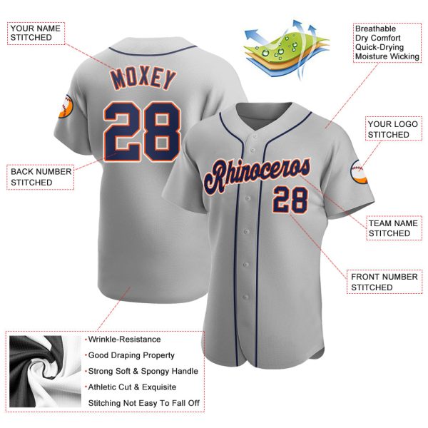 Custom Gray Navy-Orange Authentic Baseball Jersey - Image 3